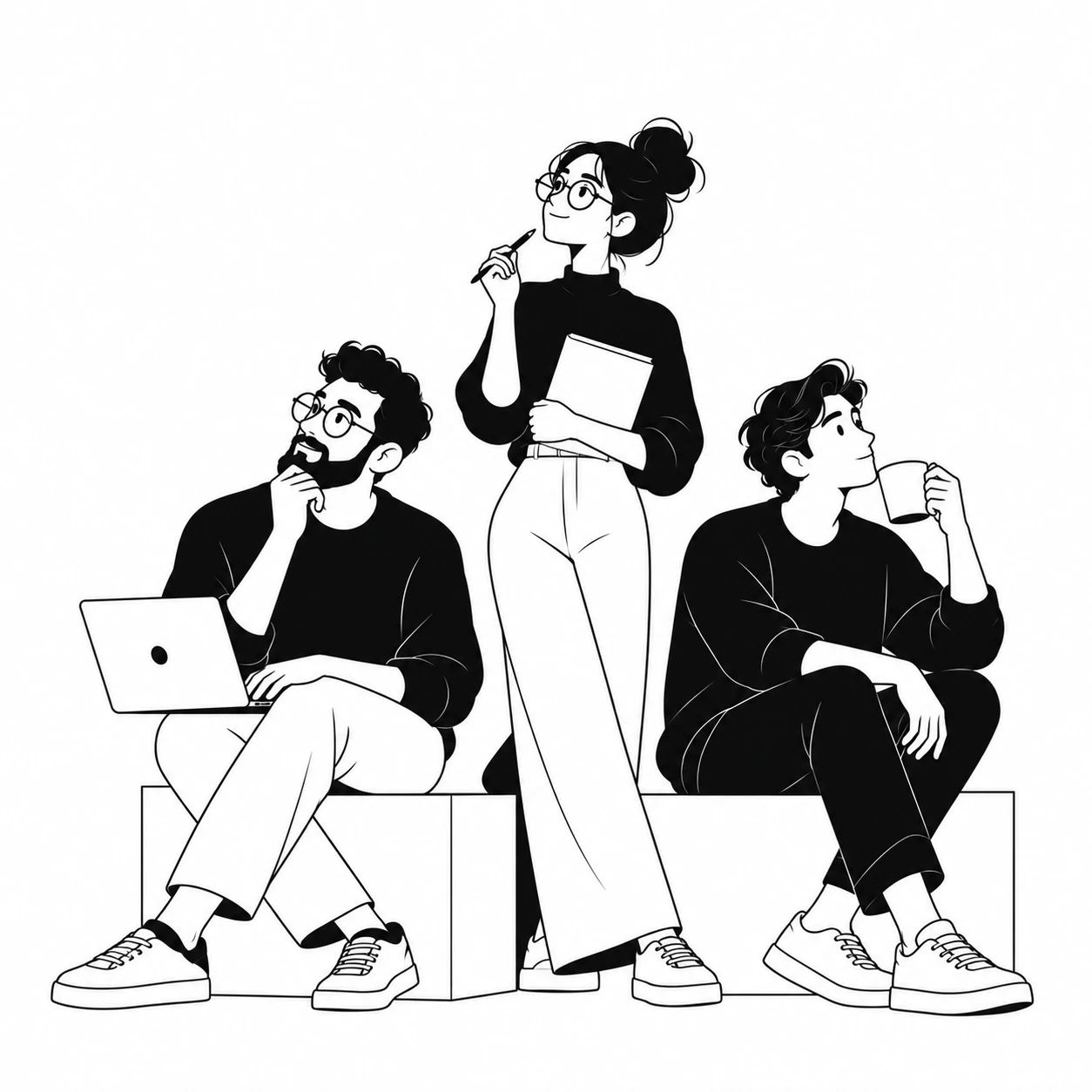 Monochrome illustration of three creative collaborators thinking together, with a laptop, notebook and coffee.
