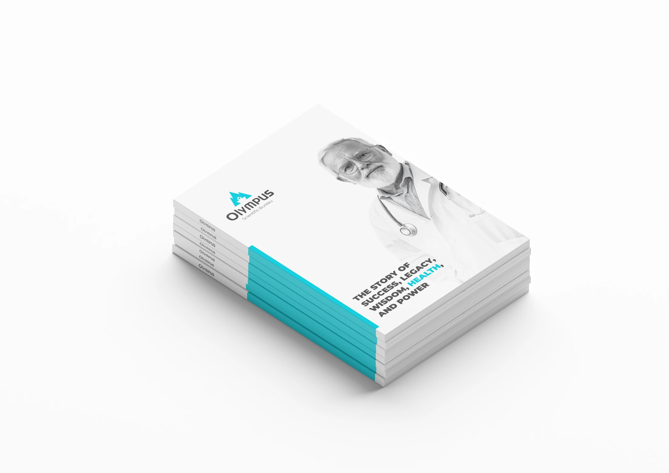 Stack of Olympus corporate brochures with a monochrome doctor photograph and turquoise spine detail