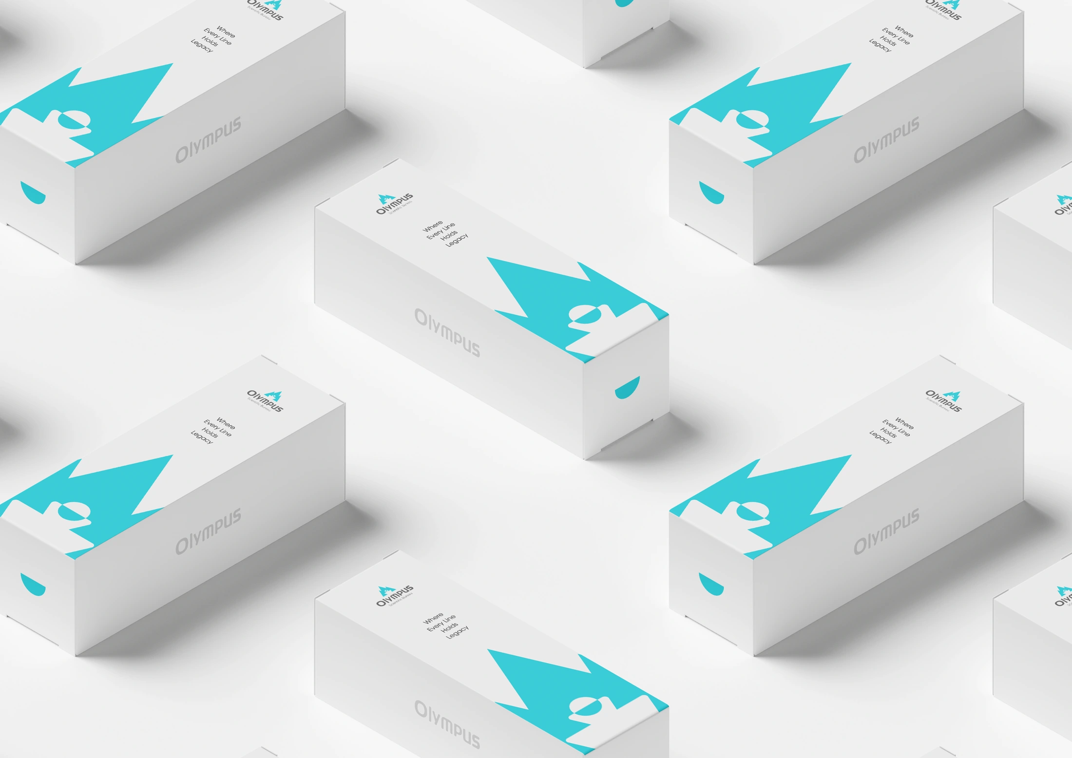 Olympus white packaging boxes featuring turquoise mountain graphics and grey typography