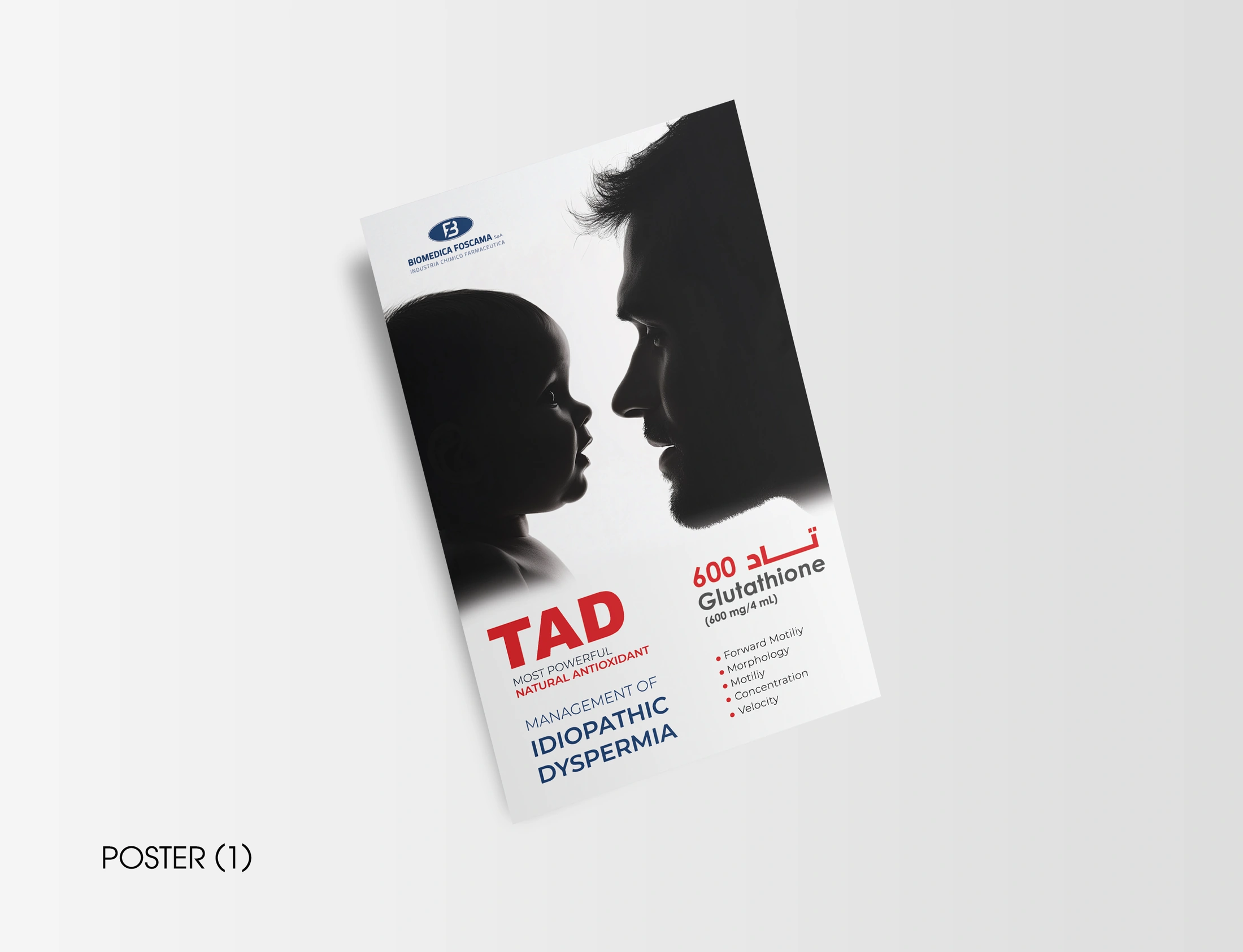TAD notebook poster with father and baby silhouettes, bold red typography and a white background