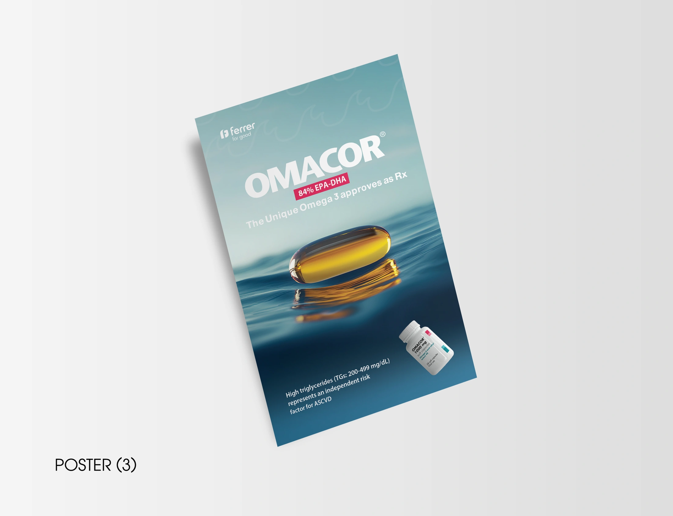 Omacor notebook poster featuring a gold capsule above blue water and a product bottle