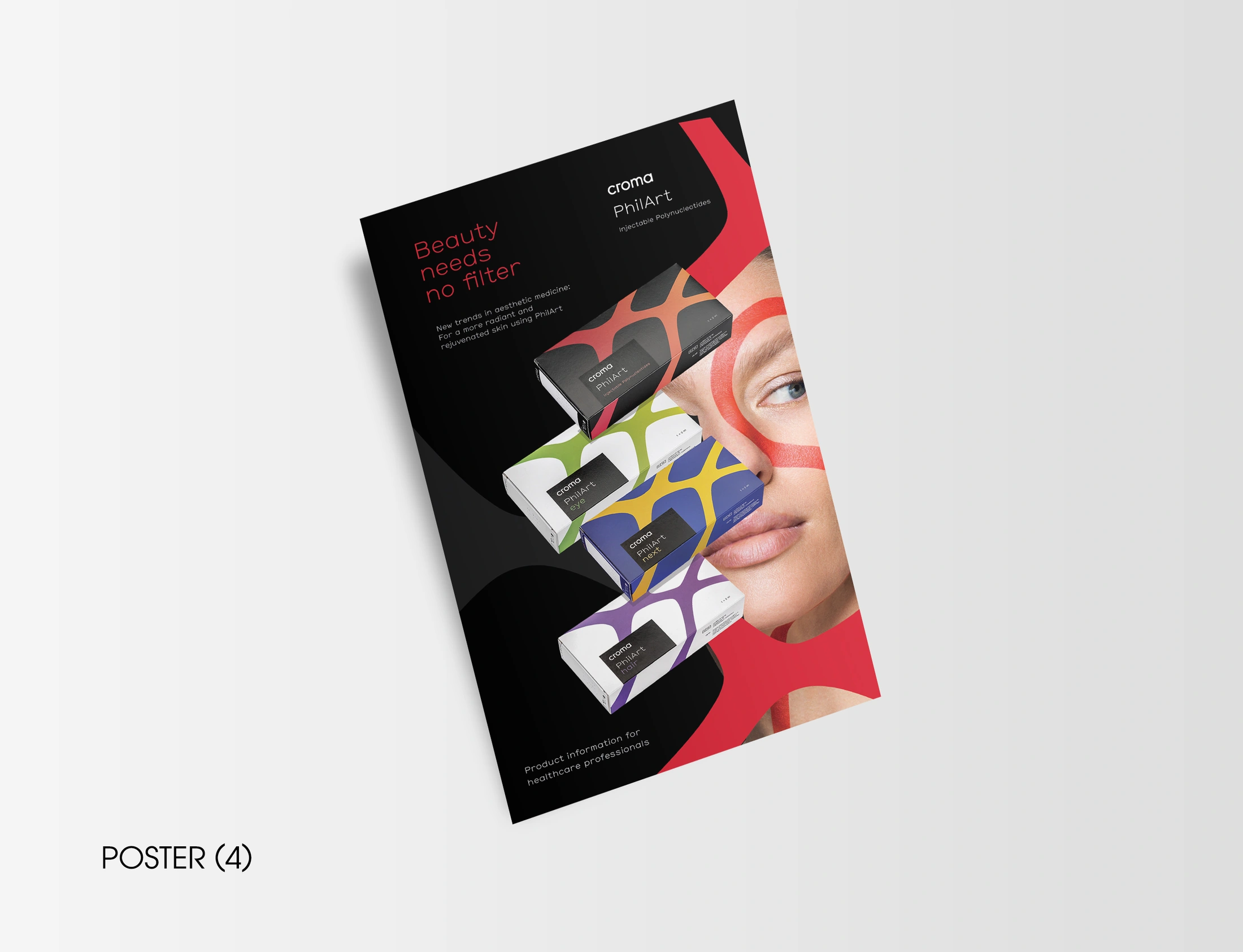 Croma PhilArt notebook poster with a close-up portrait, four product packages and black and red graphics