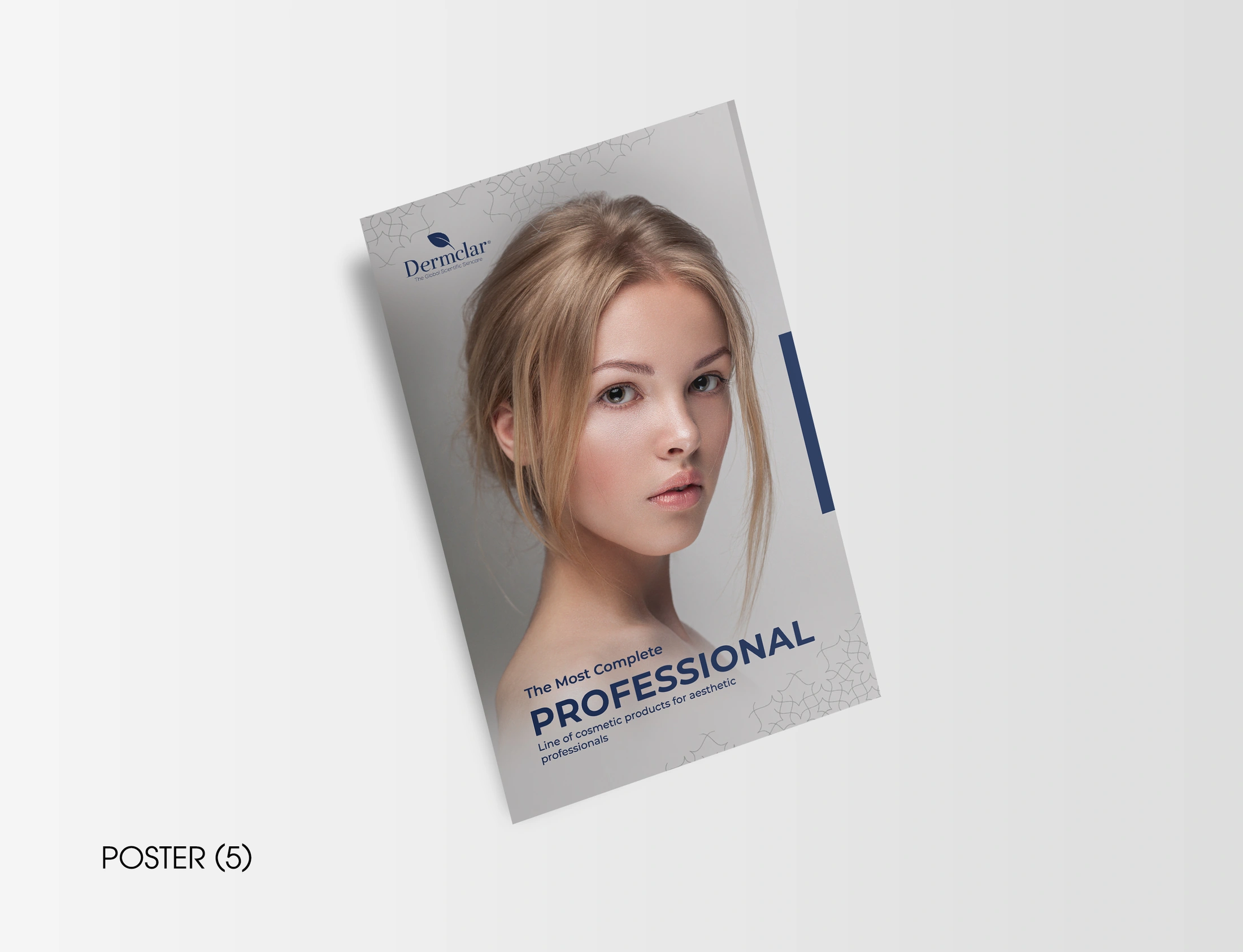 Dermclar notebook poster with a woman’s portrait, blue typography and a fine background pattern
