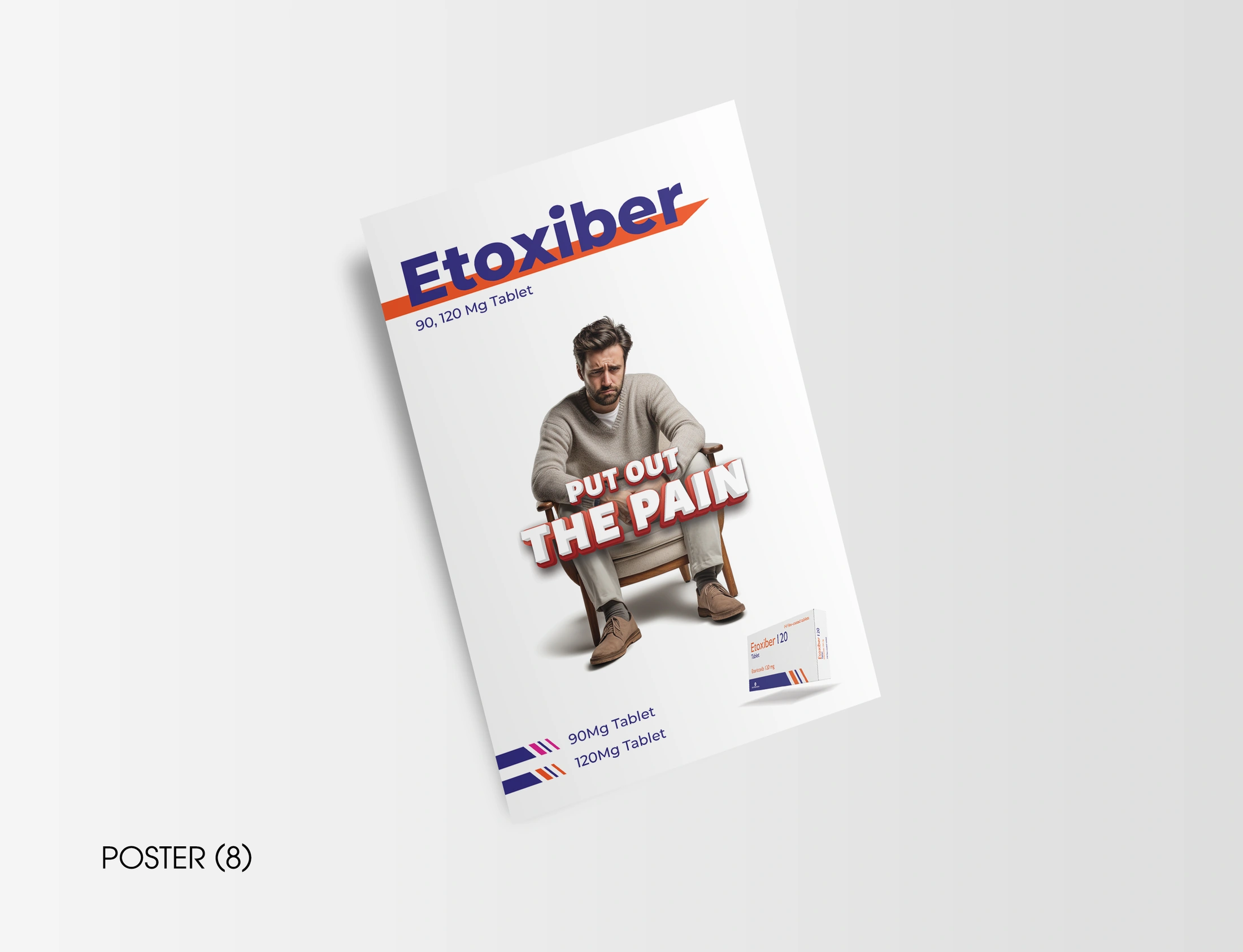 Etoxiber notebook poster with a seated man, red and white dimensional lettering and a product package