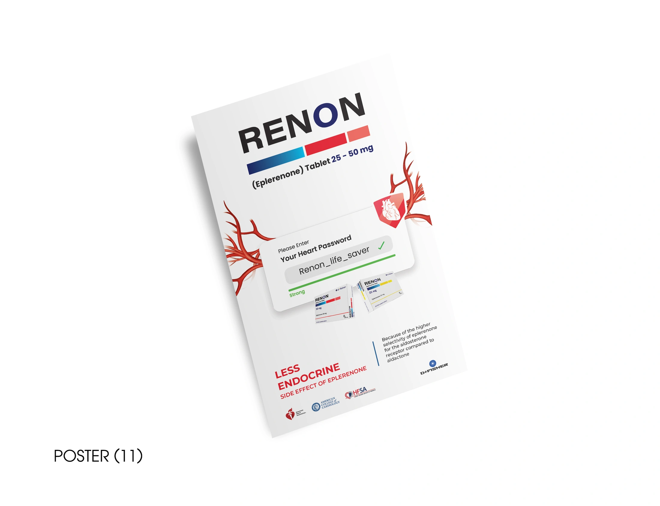 Renon notebook poster with a password field illustration, red branching vessels and product packages