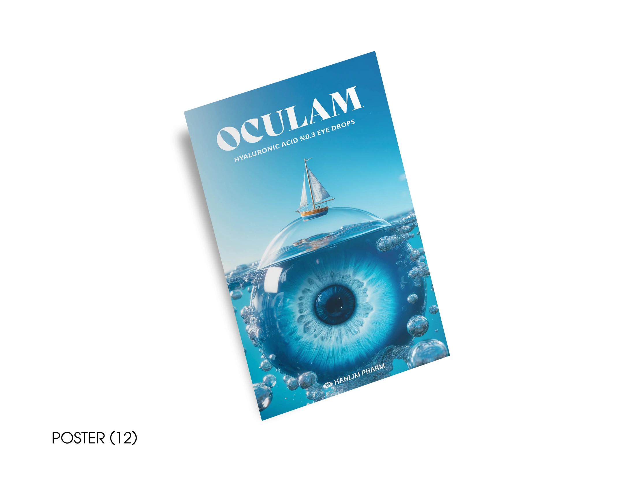 Oculam notebook poster featuring a blue eye within a water dome topped by a small sailboat