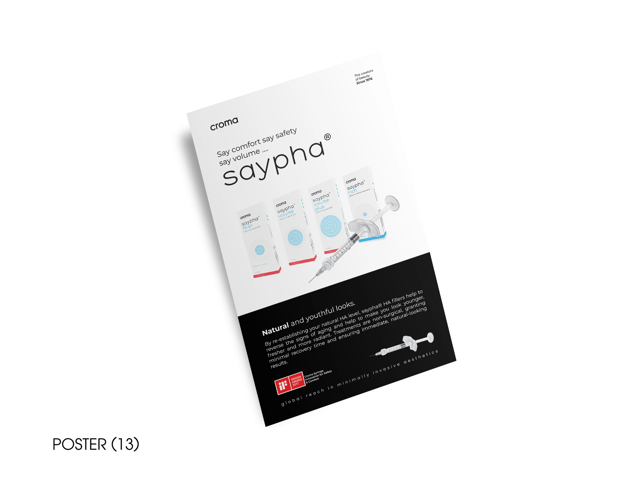 Croma Saypha notebook poster with a product lineup, syringe imagery and a contrasting black text panel