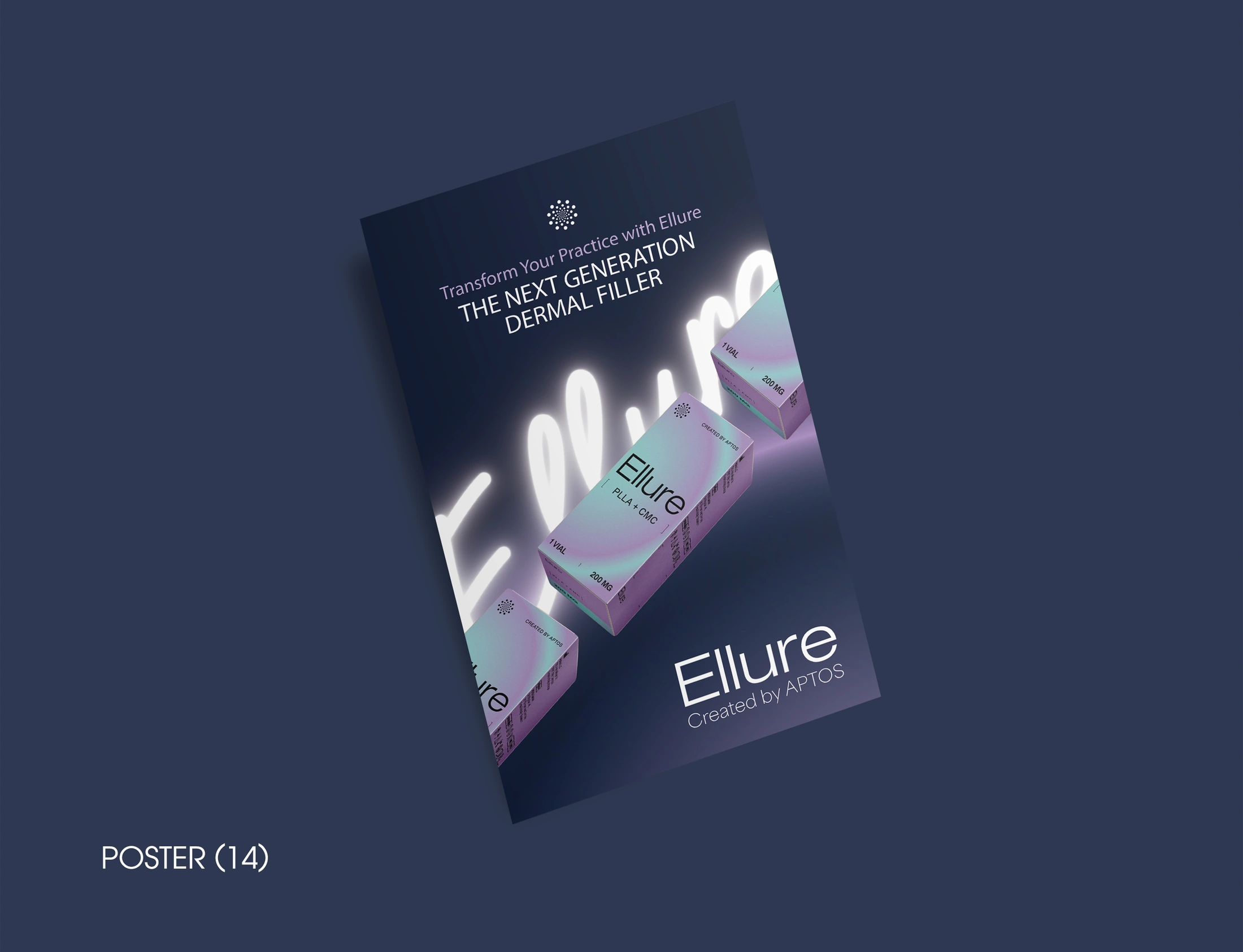Ellure notebook poster featuring iridescent product boxes and luminous lettering on a dark navy background