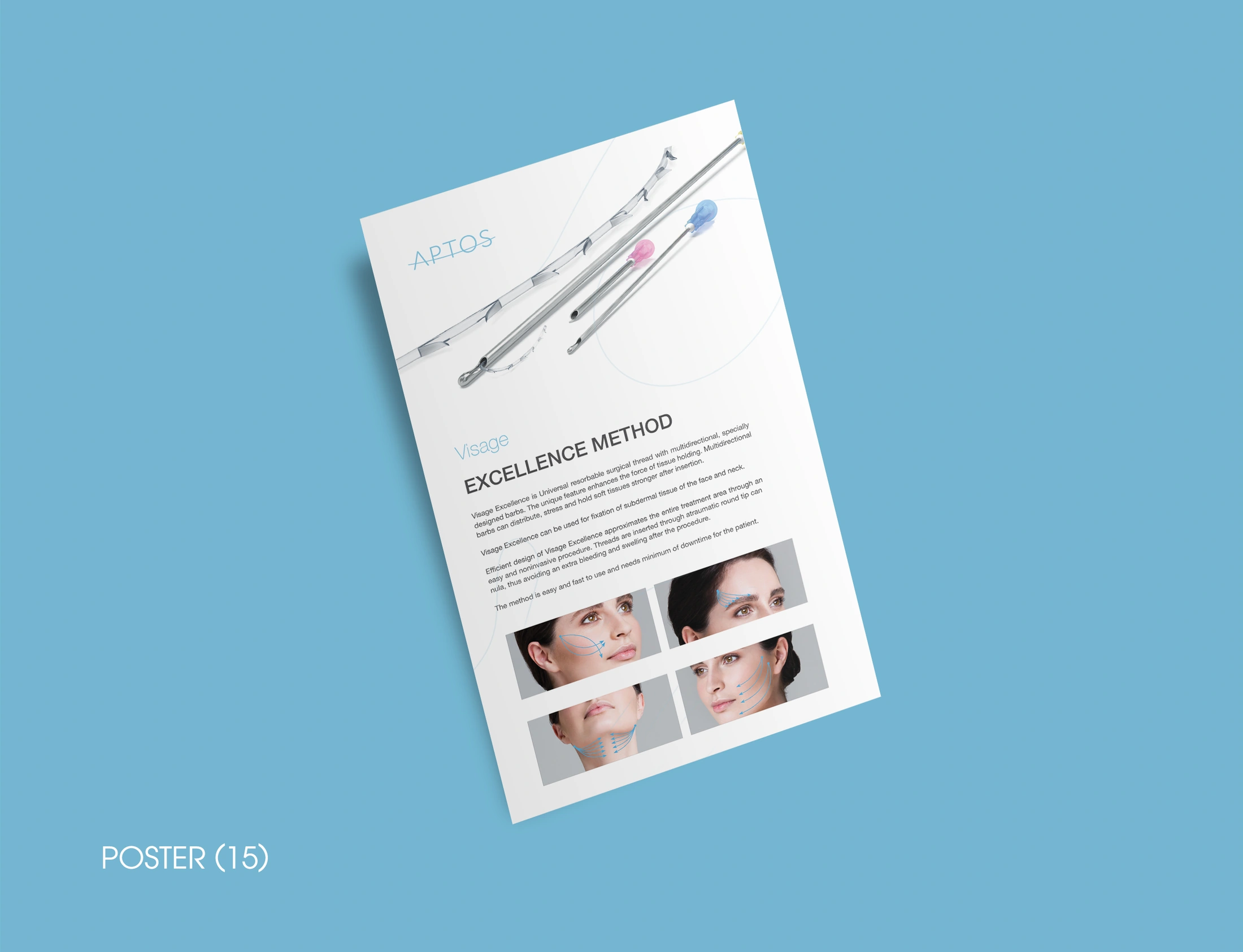 Aptos notebook poster arranging fine instruments, text and four facial diagrams on white