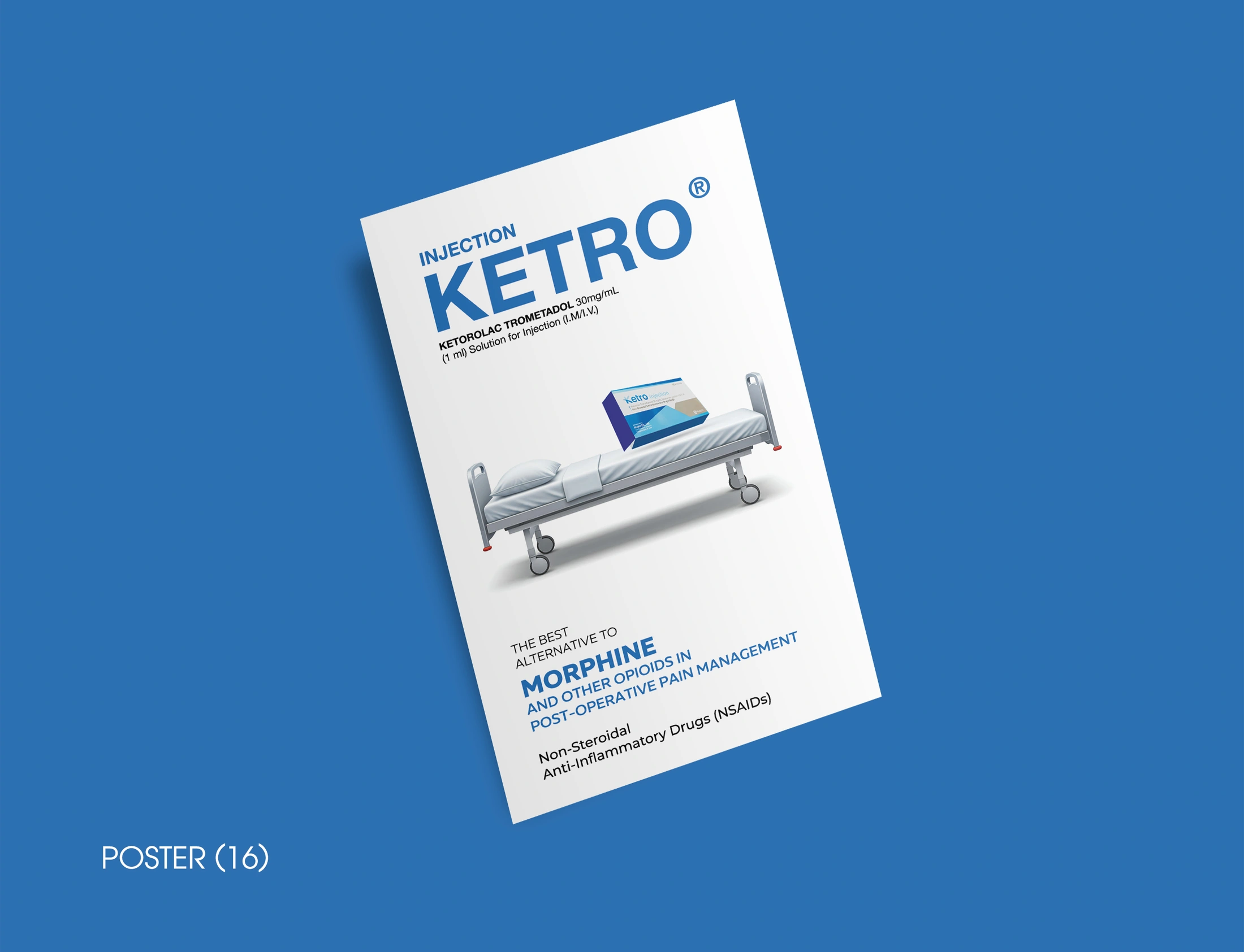 Ketro notebook poster showing a product box above a hospital bed with blue typography