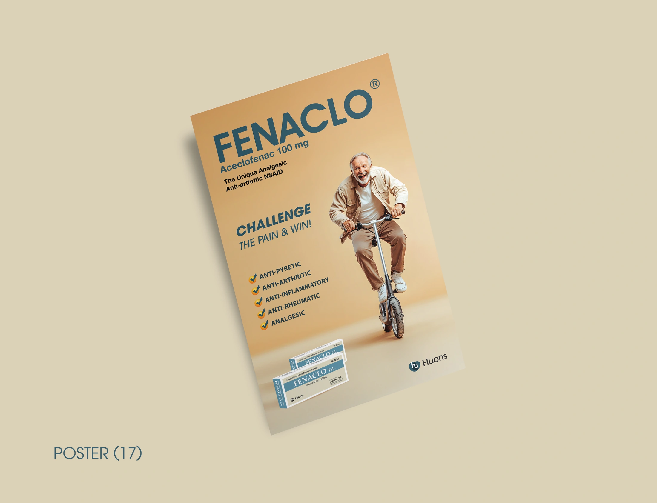 Fenaclo notebook poster with an older man on a scooter, warm yellow tones and blue typography