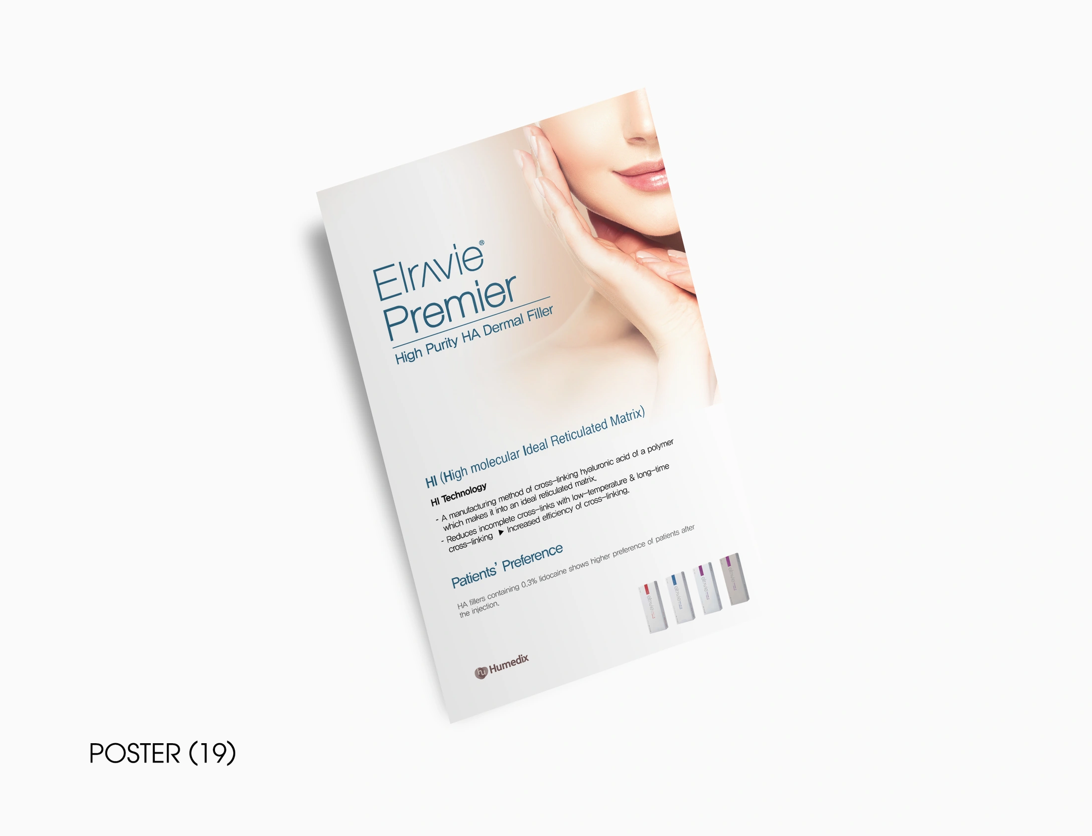 Elravie Premier notebook poster with a cropped face, blue typography and a product range on white
