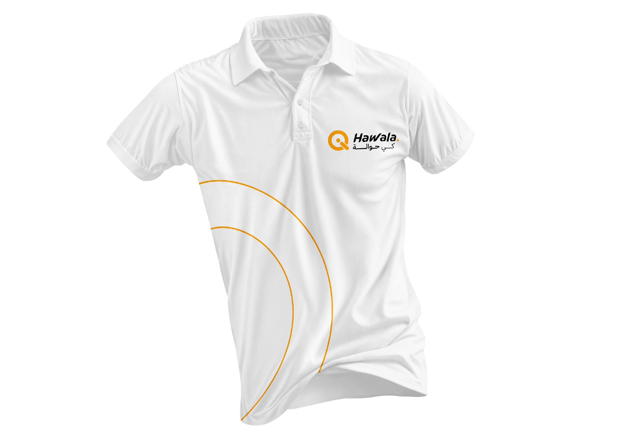 White Qi Hawala polo shirt with a small bilingual logo and curved orange line pattern