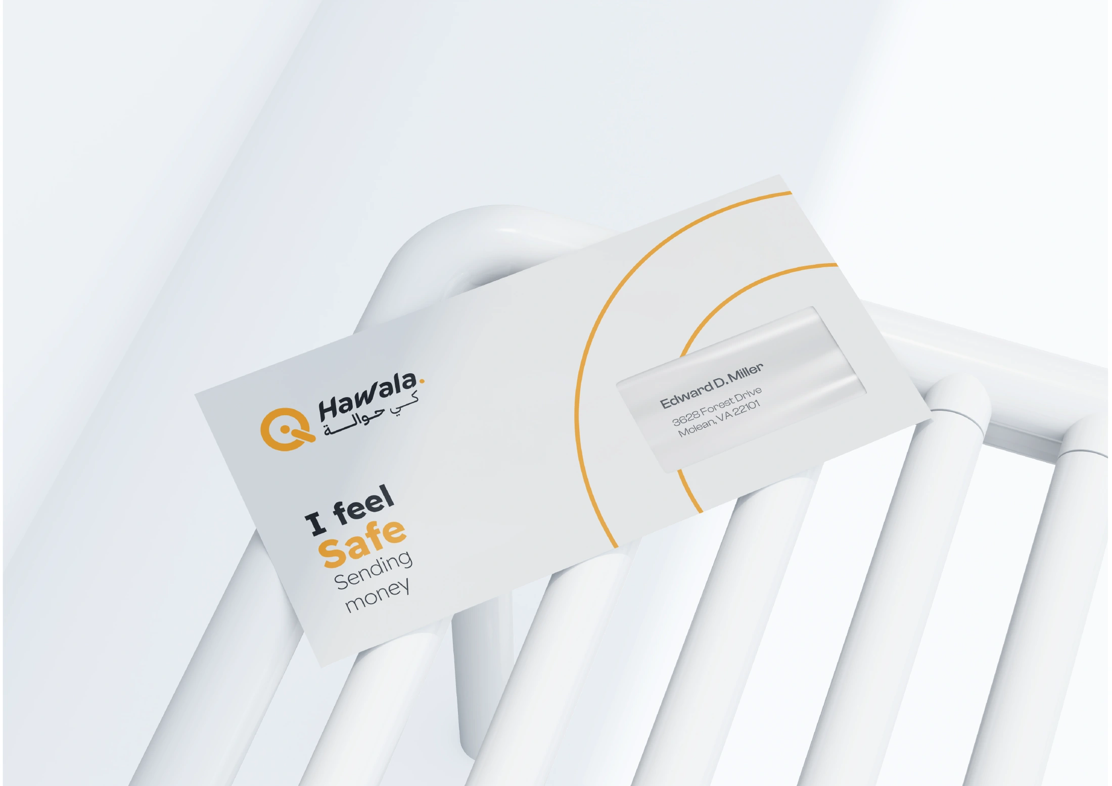 Qi Hawala stationery mockup with white cards, orange curved lines and sample contact details