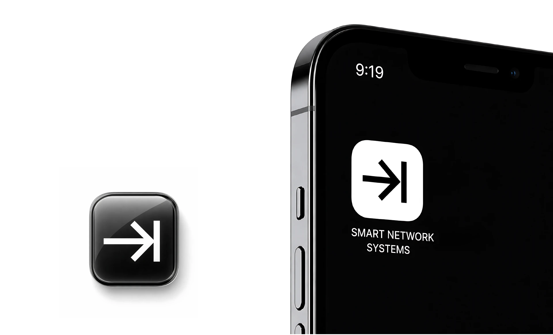 Smart Network Systems arrow used as a black-and-white mobile app icon