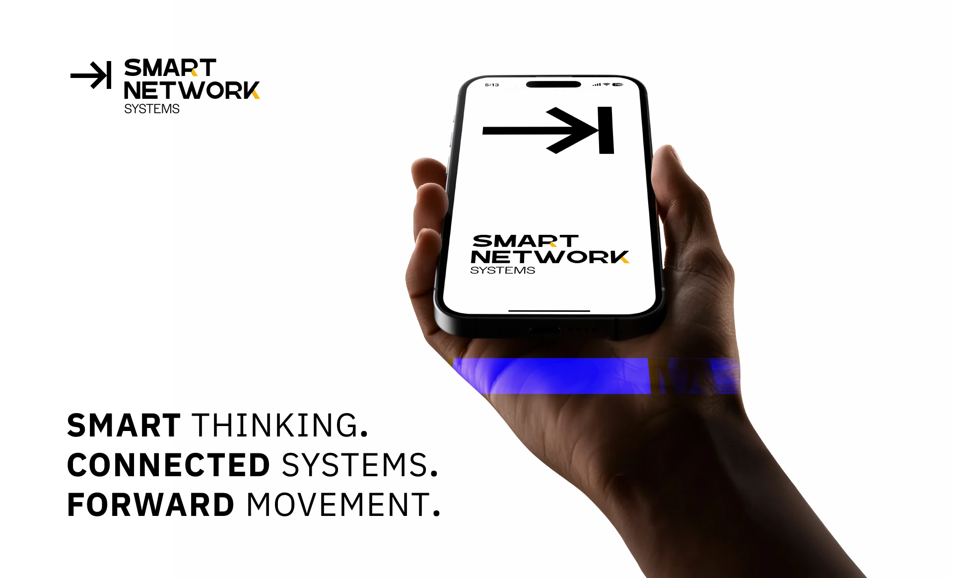 A hand holding a phone displaying the Smart Network Systems identity