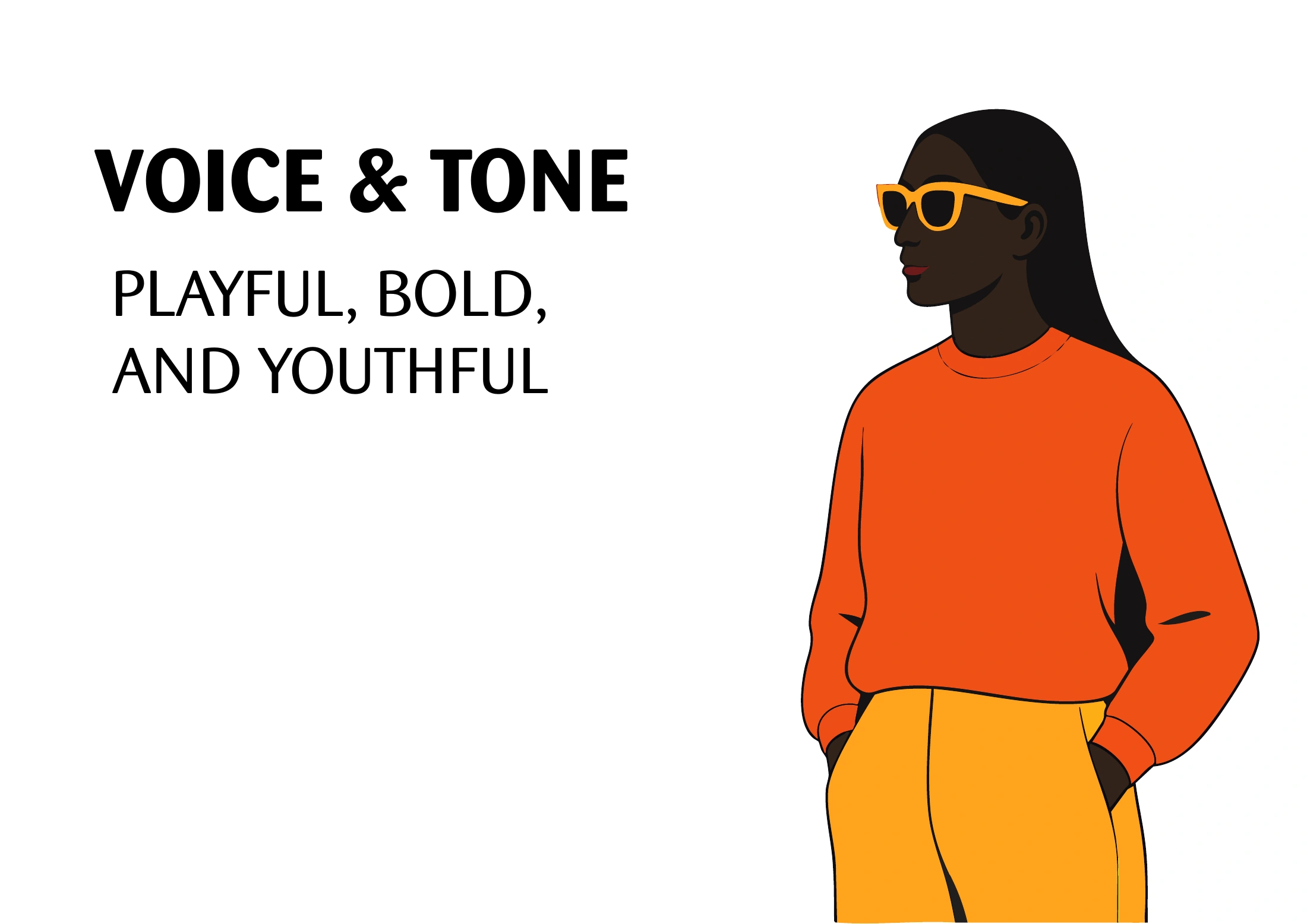 An illustrated woman in an orange top and yellow trousers beside the words Playful, Bold, and Youthful