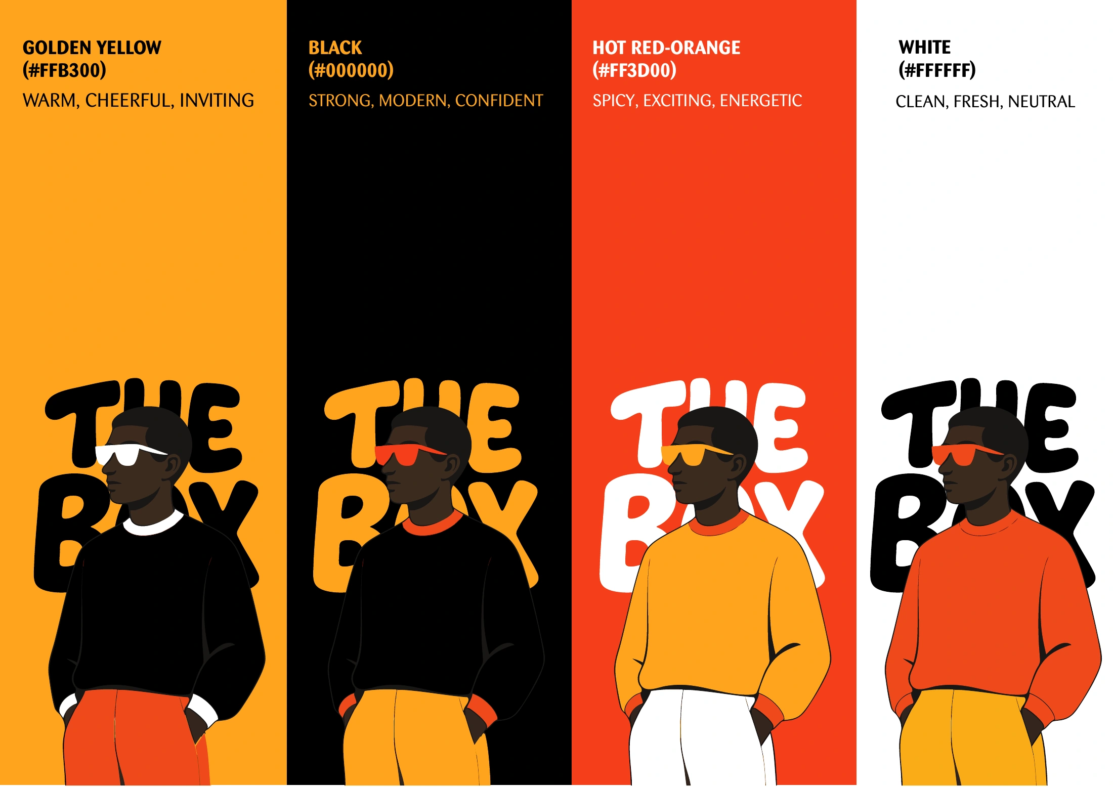 The Box palette in golden yellow, black, red-orange and white, with illustrated characters and wordmarks
