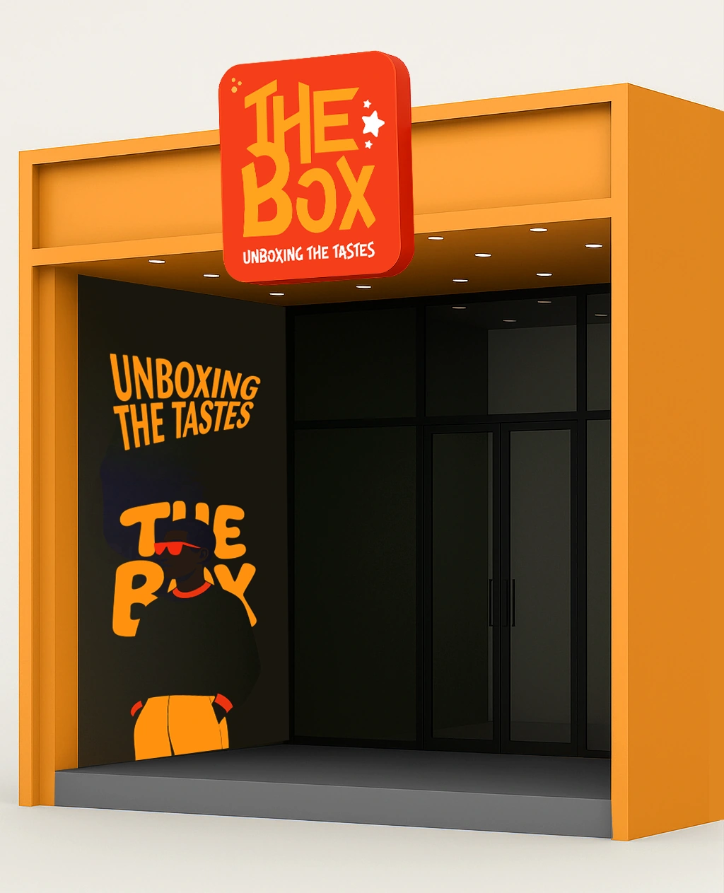 The Box storefront concept with a red brand sign, yellow surround and illustrated wall graphic